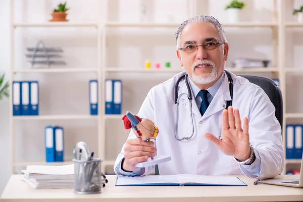 Médico cardiologista com idade masculina com modelo cardíaco — Fotografia de Stock