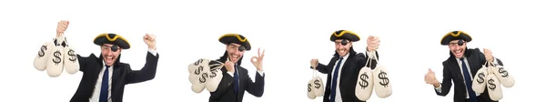 Hombre de negocios pirata sosteniendo bolsas de dinero aisladas en blanco —  Fotos de Stock