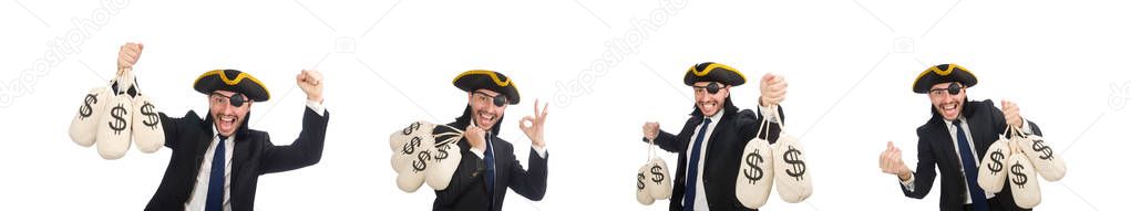 Pirate businessman holding money bags isolated on white