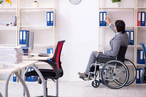 Молодой красивый работник в инвалидной коляске работает в офисе — стоковое фото