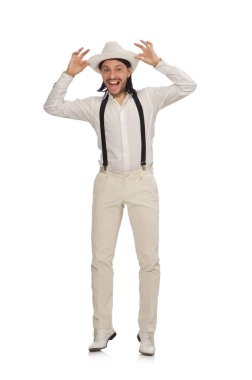 Beyazda izole edilmiş komik bir adam.