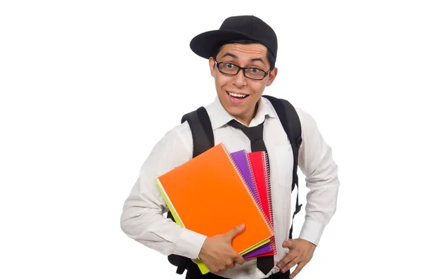 Estudante masculino segurando notas isoladas em branco — Fotografia de Stock