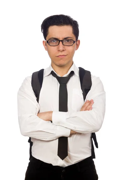 Mannelijke student met notities geïsoleerd op wit — Stockfoto
