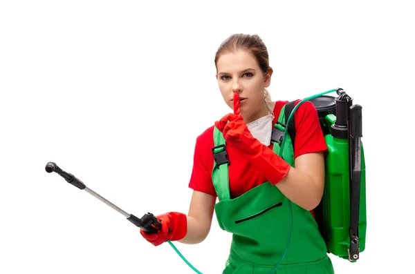 Female pest control contractor isolated on white — Stock Photo, Image