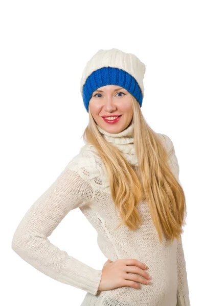 Woman wearing warm clothing on white — Stock Photo, Image