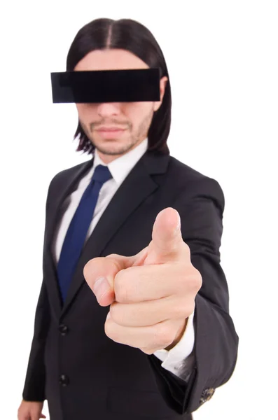 Hombre joven con mascarilla negra en blanco — Foto de Stock