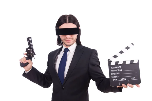 Junger Mann mit schwarzer Gesichtsmaske auf weißem Hintergrund — Stockfoto