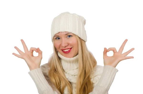 Woman wearing warm clothing on white Stock Picture