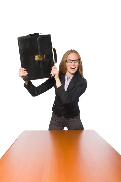 Empleada sentada en mesa larga aislada en blanco — Foto de Stock