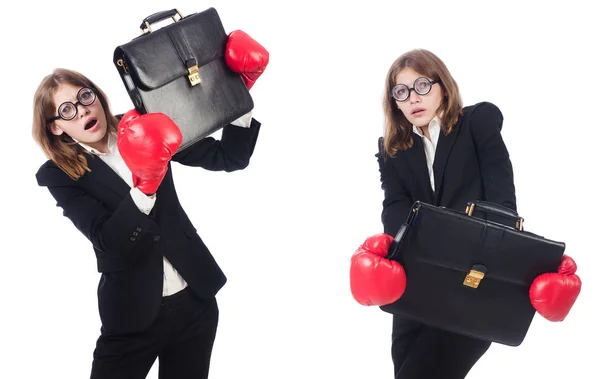 Funny mujer empleado boxeador aislado en blanco —  Fotos de Stock