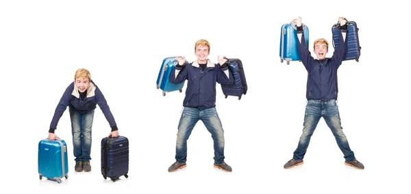 Homem engraçado com bagagem no branco — Fotografia de Stock