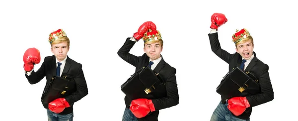 Funny businessman with crown and boxing gloves — Stock Photo, Image