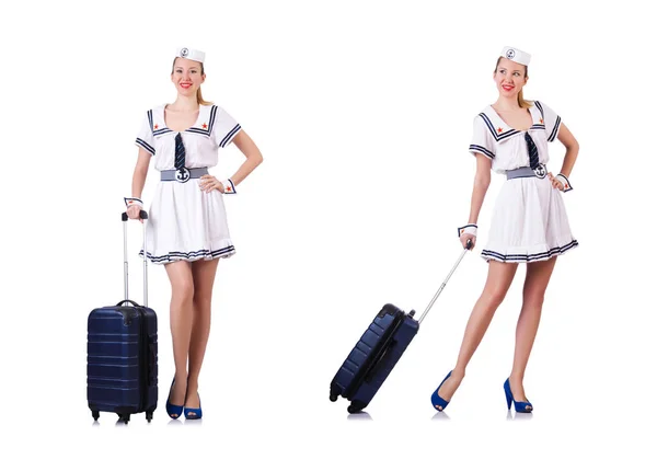 Női utaskísérő fehér bőrönddel — Stock Fotó