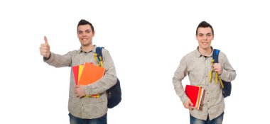 Sırt çantası ve kitaplarıyla gülümseyen beyaz bir öğrenci...