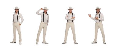 Beyazda izole edilmiş komik bir adam.