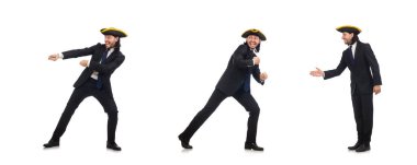 Genç işadamı beyaz izole halat çekme