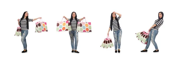 Femme avec des sacs à provisions isolés sur blanc — Photo