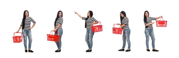 白で隔離されるショッピングカートを持つ女性 — ストック写真