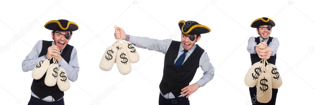 One-eyed man with moneybags isolated on white