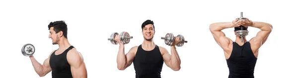 Hombre con mancuernas aisladas en blanco — Foto de Stock