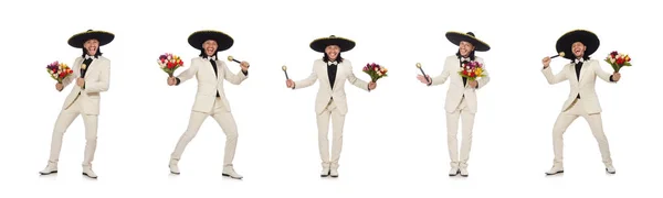 Смешной мексиканец в костюме держит цветы изолированы на белом — стоковое фото