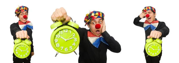 Clown divertente con orologio isolato su bianco — Foto Stock