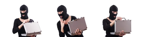 Industriële spionage concept met persoon in bivakmuts — Stockfoto