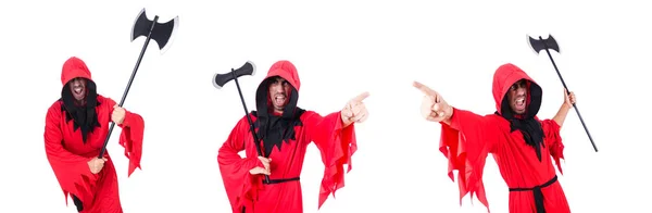 Executioner in red costume with axe on white — Stock Photo, Image