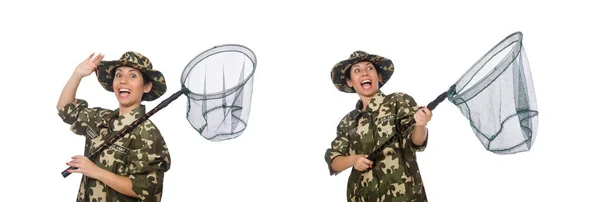 Mulher em roupas militares com rede de captura — Fotografia de Stock