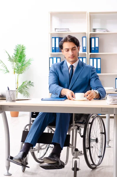 Empregado masculino em cadeira de rodas trabalhando no escritório — Fotografia de Stock