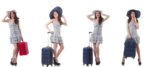 Kvinna med resväska isolerad på vitt — Stockfoto