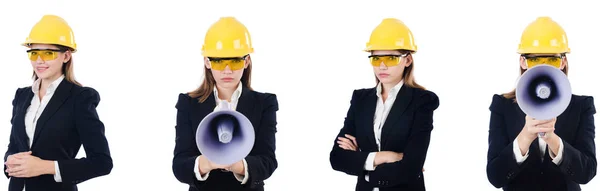Costruttore femminile con megafono isolato su bianco — Foto Stock