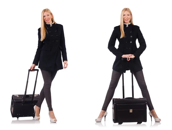 美丽的妇女在黑色外套与手提箱 — 图库照片