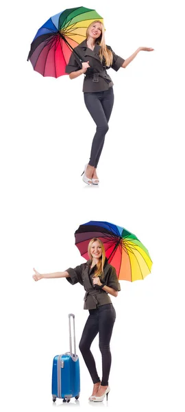 Donna con valigia e ombrello isolato su bianco — Foto Stock