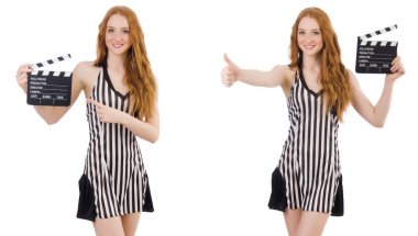 Klaket-board tutan genç güzel kadın 