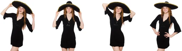 Young redhead lady in black dress with black sombrero — Stock Photo, Image