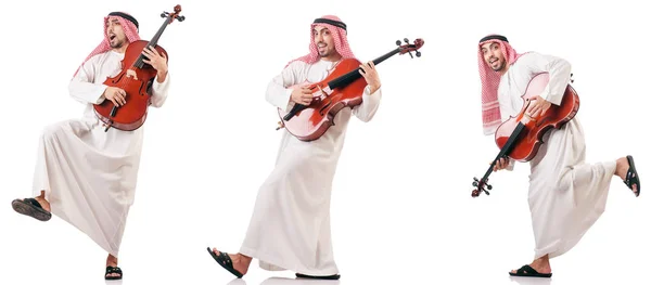 Hombre árabe tocando violonchelo aislado en blanco — Foto de Stock