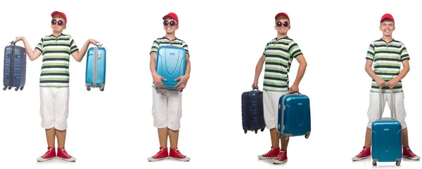 Young man with suitcase isolated on white — Stock Photo, Image