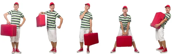 Junger Mann mit rotem Koffer isoliert auf weißem Grund — Stockfoto