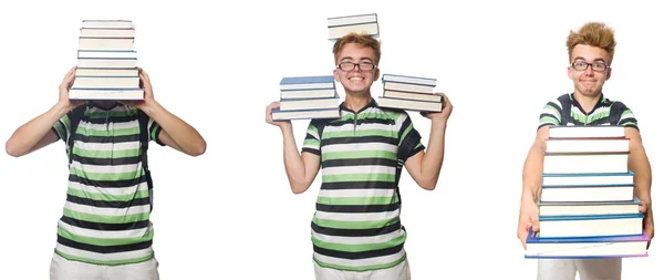 Jovem estudante com livros isolados em branco — Fotografia de Stock