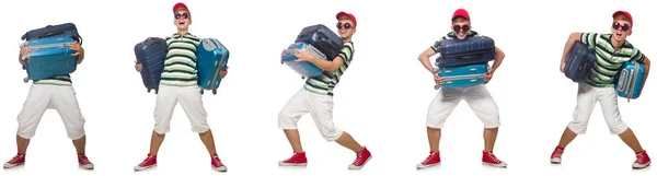 Mladý muž s těžkými kufry izolované na bílém — Stock fotografie