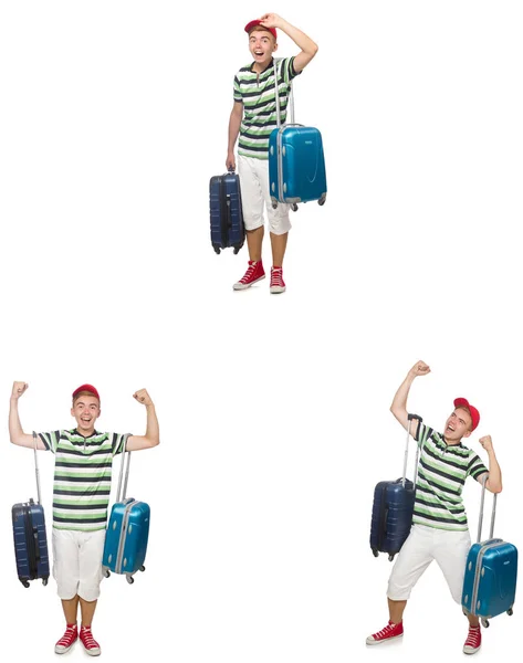 Молодий чоловік з валізою ізольований на білому — стокове фото