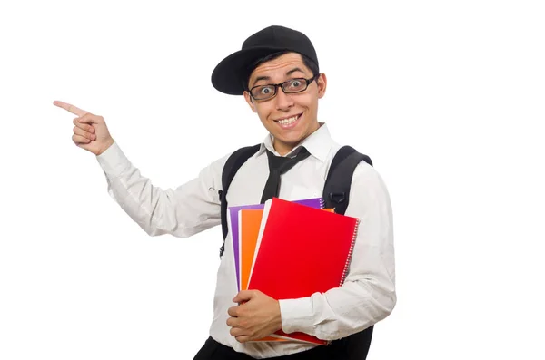 Estudiante masculino sosteniendo notas aisladas en blanco — Foto de Stock