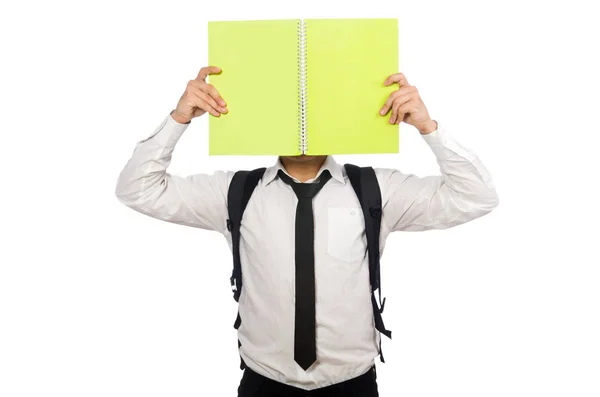 Estudante masculino segurando notas isoladas em branco — Fotografia de Stock