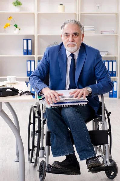 Пожилой работник в инвалидной коляске работает в офисе — стоковое фото