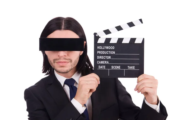 Hombre joven con mascarilla negra en blanco — Foto de Stock