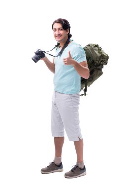 Genç yakışıklı turist üzerinde beyaz izole 