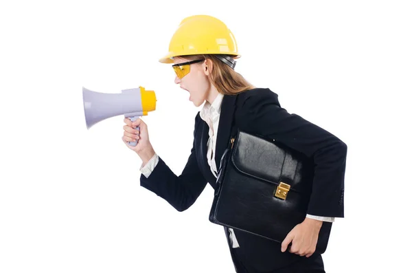 Donna con cappello rigido isolato su bianco — Foto Stock