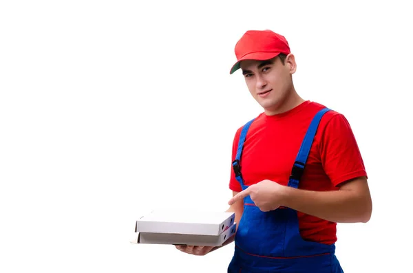 Pizza teslim çalışan beyaz izole — Stok fotoğraf