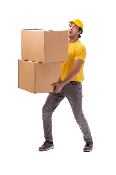 Jonge mannelijke courier met box — Stockfoto